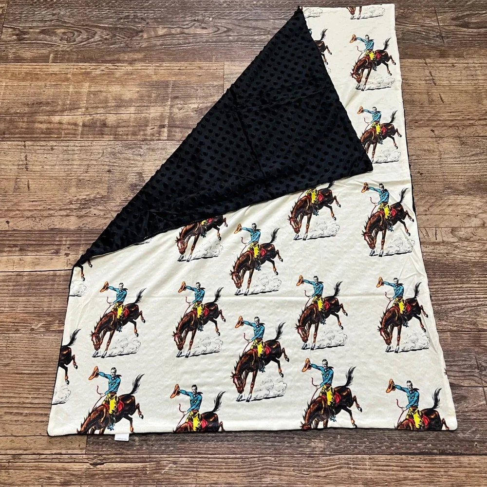 Rustic Rooster Western Cowboy Bronc Rider Minky Dot Baby Blanket Black soft